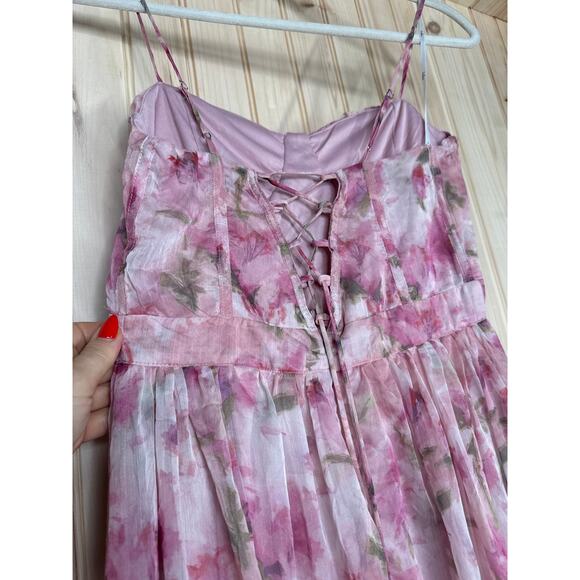 NWT Lulus Novella Pink Floral Ruffled Bustier Lace-Up Maxi Dress Gala Size S - Picture 8 of 11